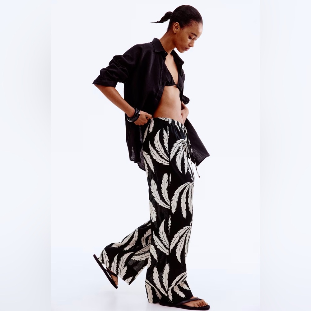 H&M Black Palm Print Wide Leg Pants Small Cotton Drawstring Semi Sheer Resort - Picture 2 of 13
